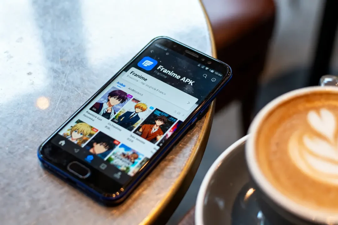 Smartphone avec application Franime ouverte, posé sur table, à côté d'un café au lait art.