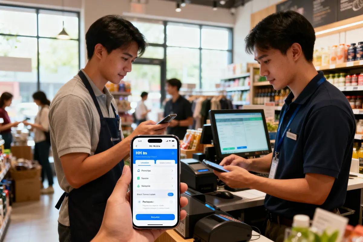 Deux hommes en magasin effectuent un paiement mobile avec leurs smartphones devant une caisse enregistreuse.