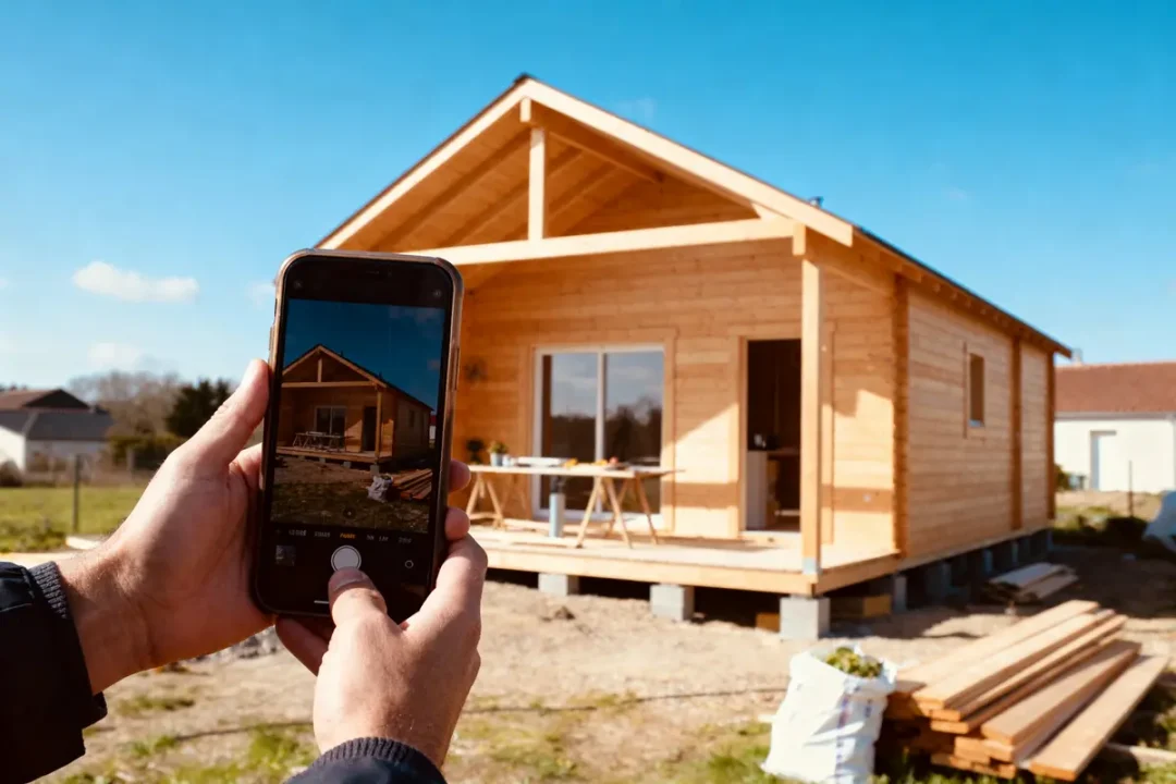 Main tenant un téléphone photographiant une maison en bois neuve sous ciel bleu.