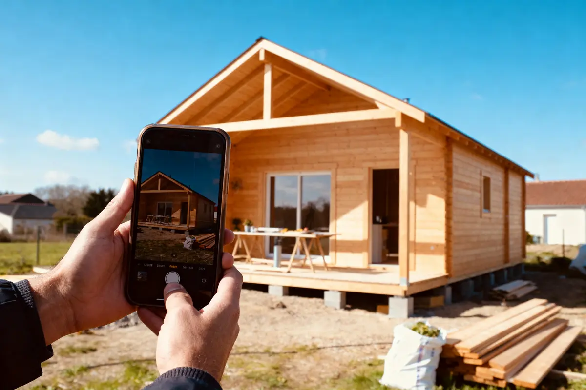 Main tenant un téléphone photographiant une maison en bois neuve sous ciel bleu.