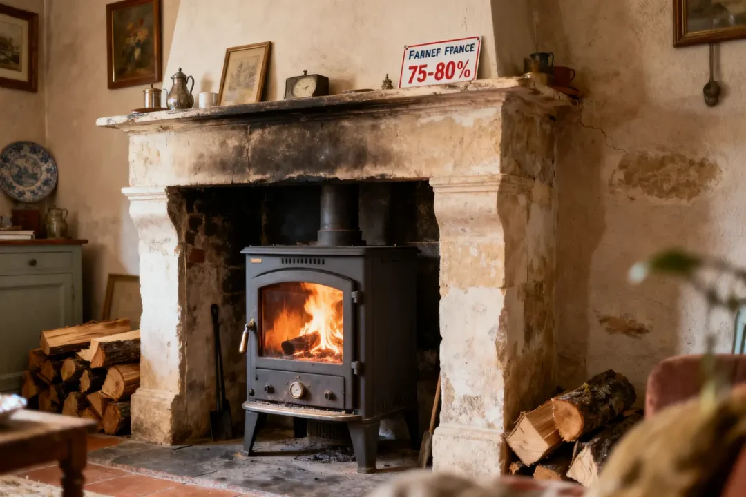 Cheminée rustique avec poêle à bois allumé, bûches empilées, panneau "FANEE FRANCE 75-80%" dessus.