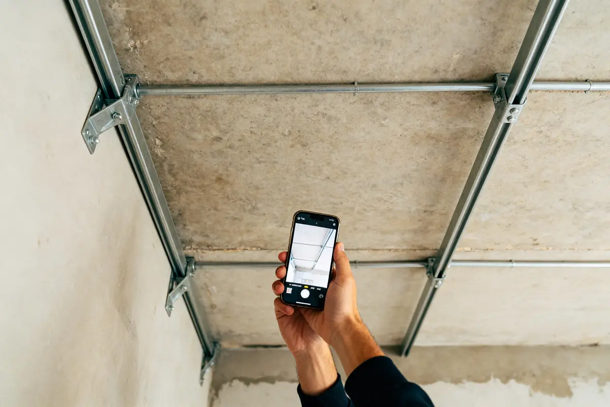 Un plafond avec structures métalliques photographié par une main tenant un smartphone vers le haut.