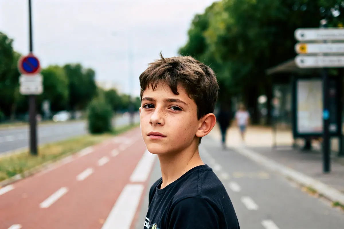 Jeune garçon brun sur une piste cyclable, au bord d'une route, regard sérieux, arrière-plan flou d'arbres.