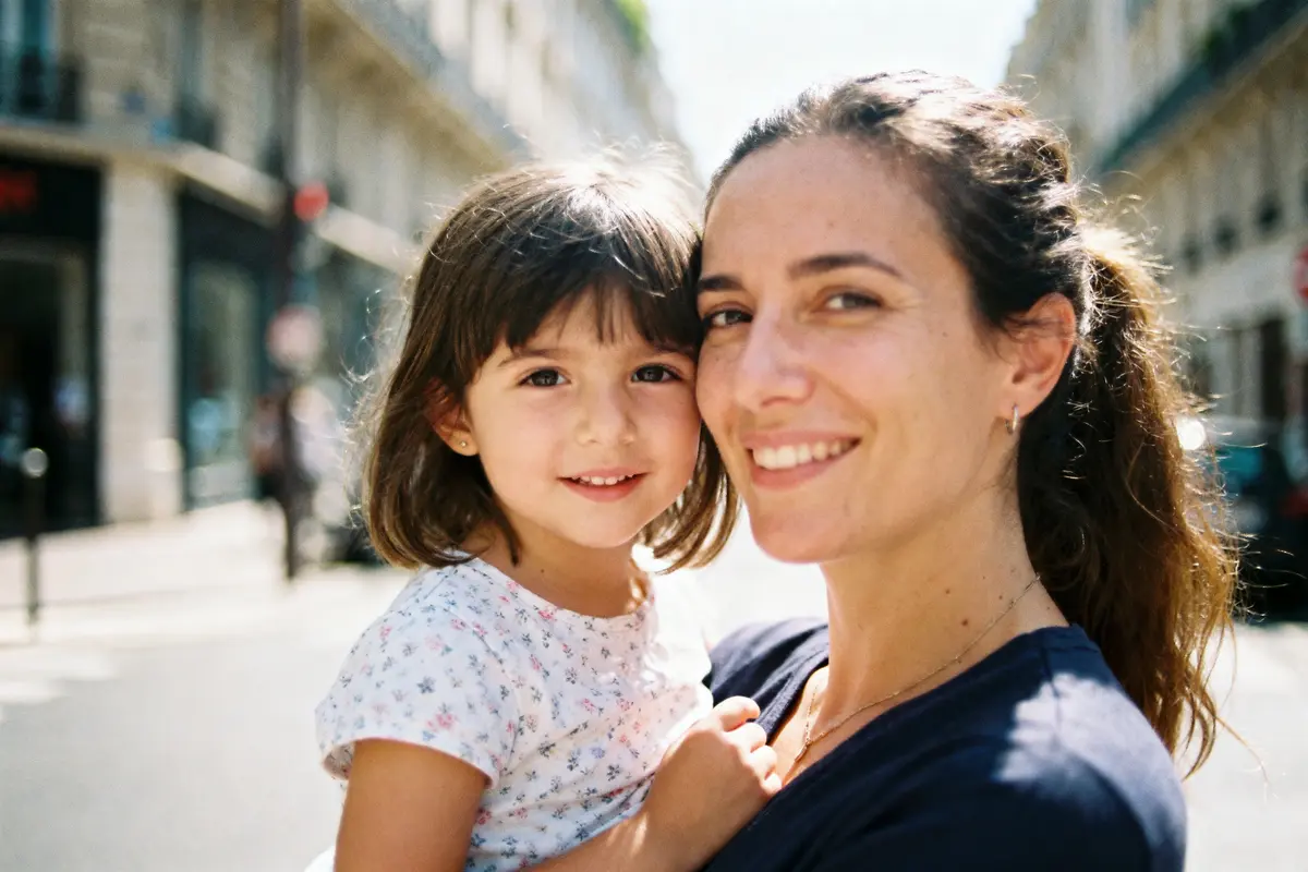 Une femme souriante tenant une petite fille dans la rue, journée ensoleillée, ambiance urbaine floue.