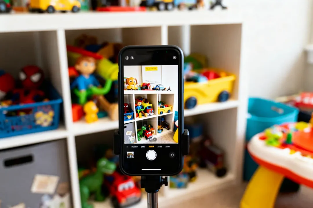Smartphone photographiant étagère pleine de jouets colorés dans une pièce d'enfant lumineuse et organisée.