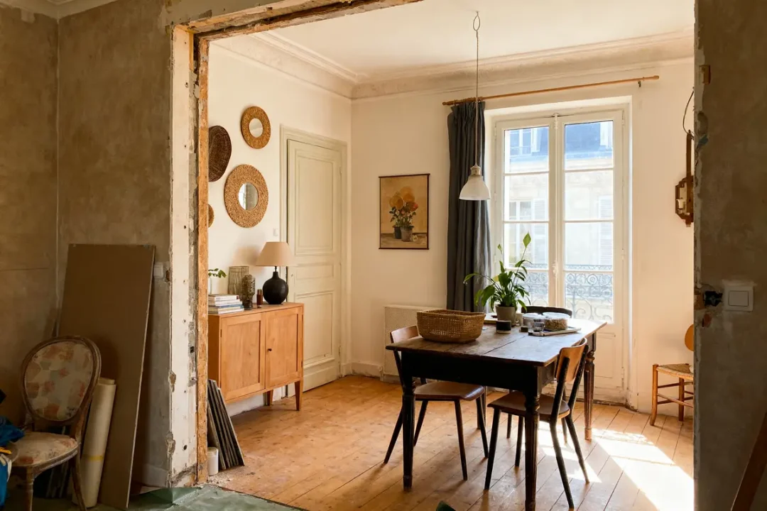 Salle à manger lumineuse avec table en bois, plantes, décoration murale, lampadaire, buffet et grande fenêtre.