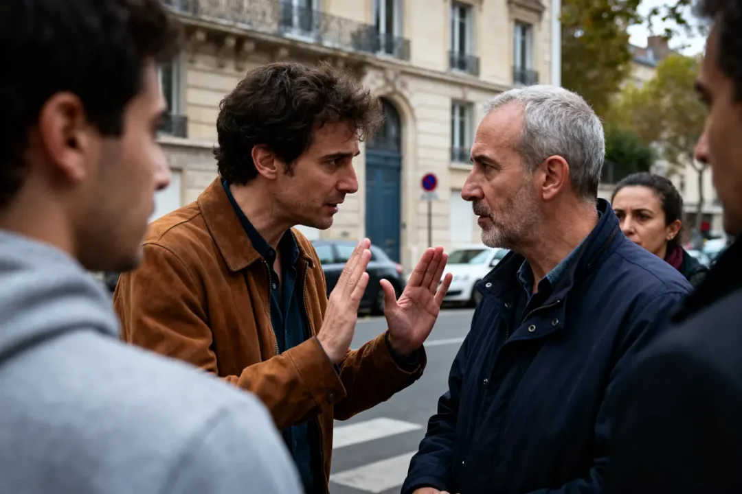 Deux hommes discutent intensément dans une rue urbaine, entourés de deux autres personnes.