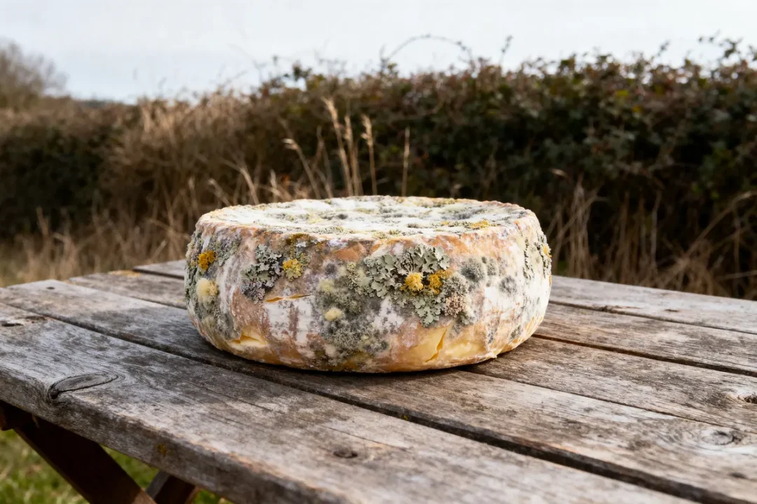 Fromage vieilli couvert de moisissures colorées sur une table en bois à l'extérieur, devant des buissons.