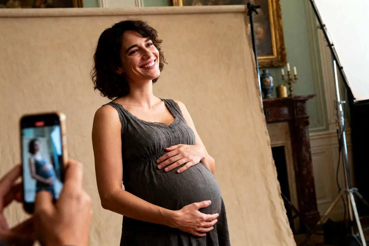 Une femme enceinte sourit pendant une séance photo, main sur son ventre, décor intérieur.