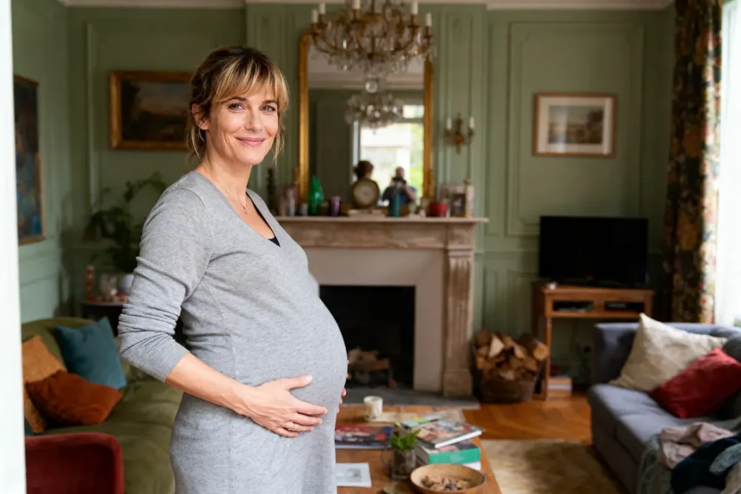 Femme enceinte souriante en pull gris, salon chic avec cheminée, canapé et décor chaleureux.