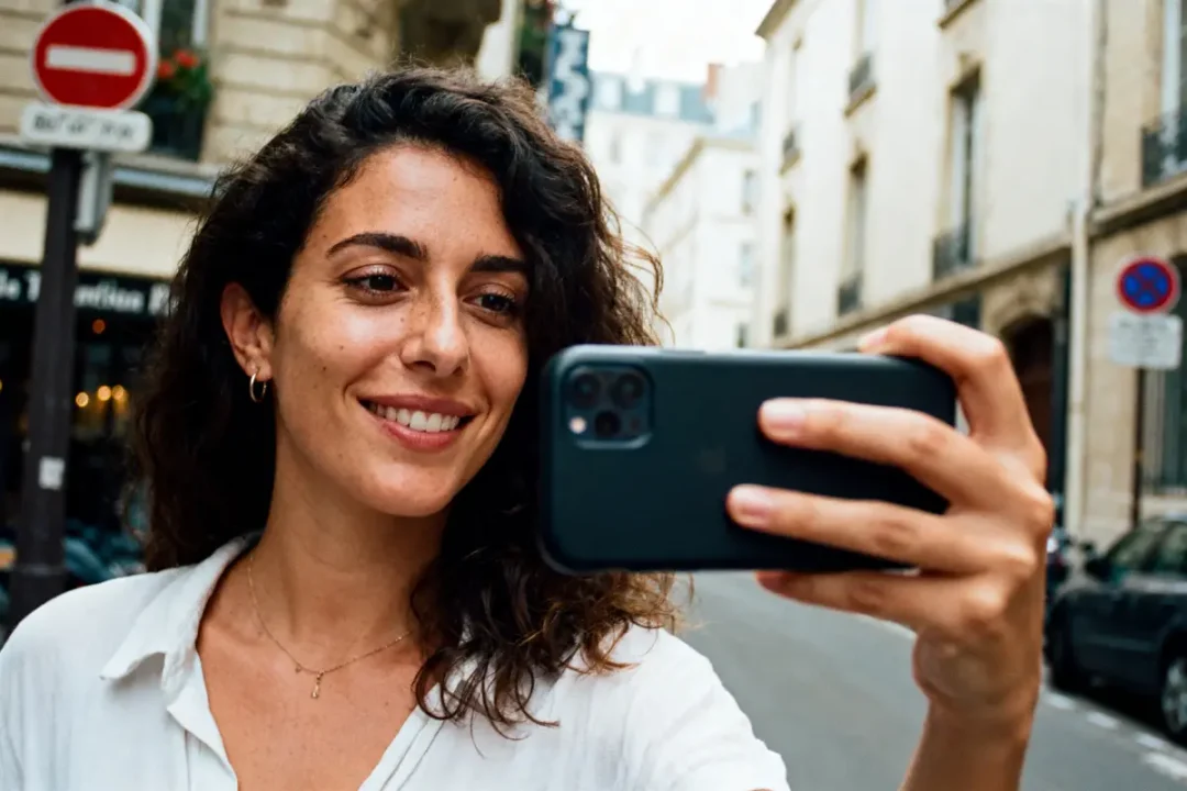Femme souriante prenant un selfie dans une rue urbaine, bâtiment en arrière-plan, pancartes visibles.