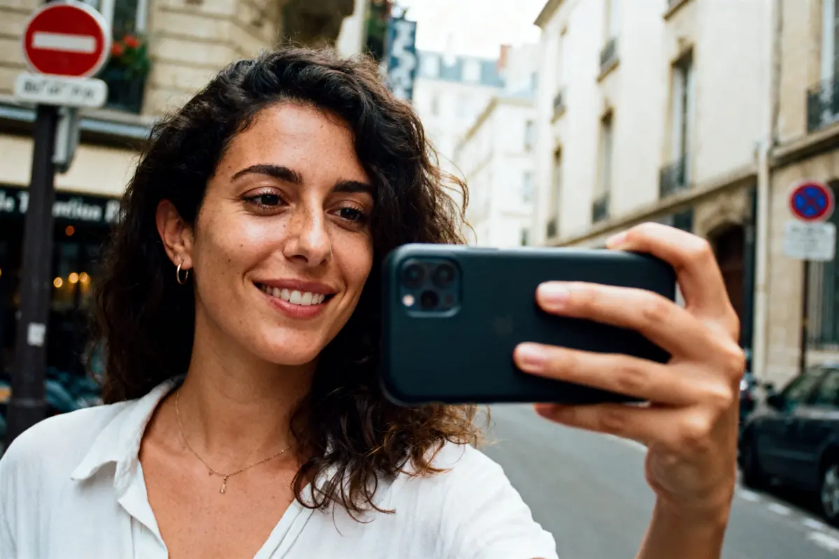 Femme souriante prenant un selfie dans une rue urbaine, bâtiment en arrière-plan, pancartes visibles.