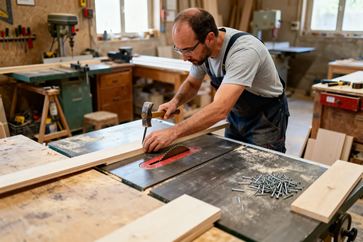 Homme travaillant le bois dans un atelier, utilisant un marteau et une scie. Des clous sont posés sur la table.