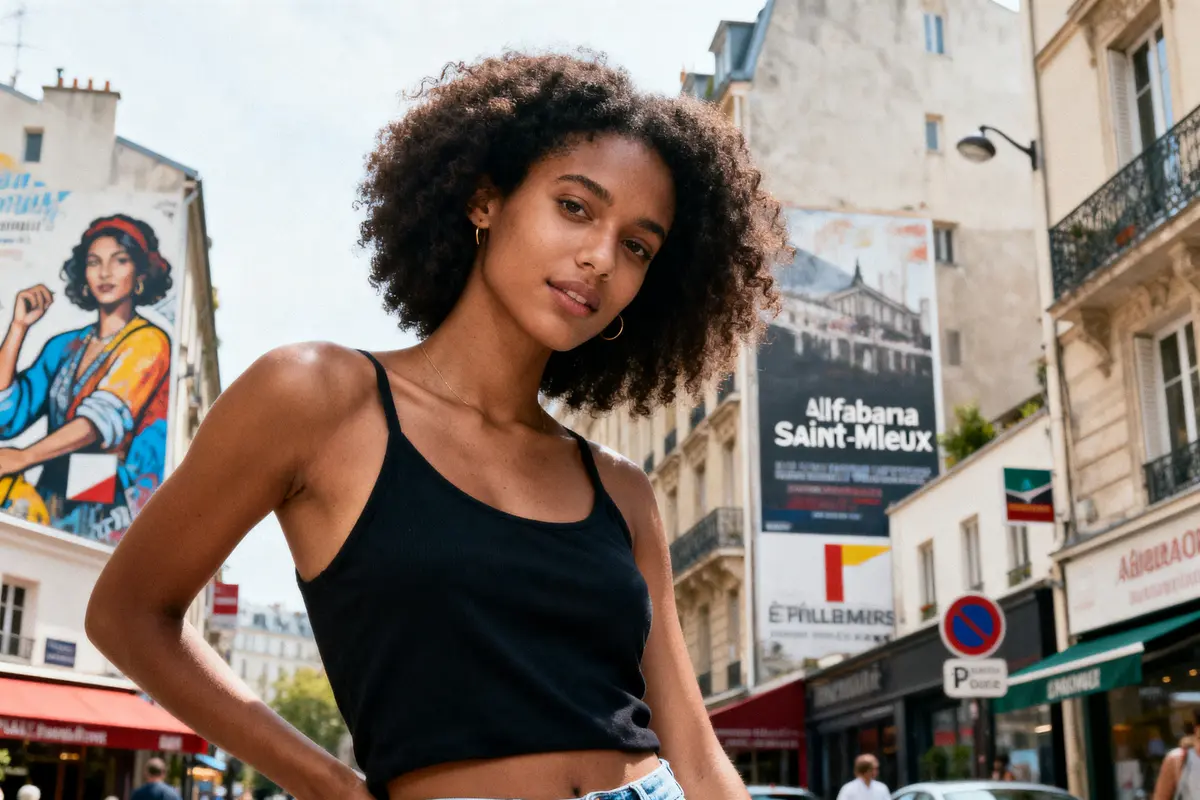 Femme afro-descendante en débardeur noir dans une rue animée avec fresque murale en arrière-plan.