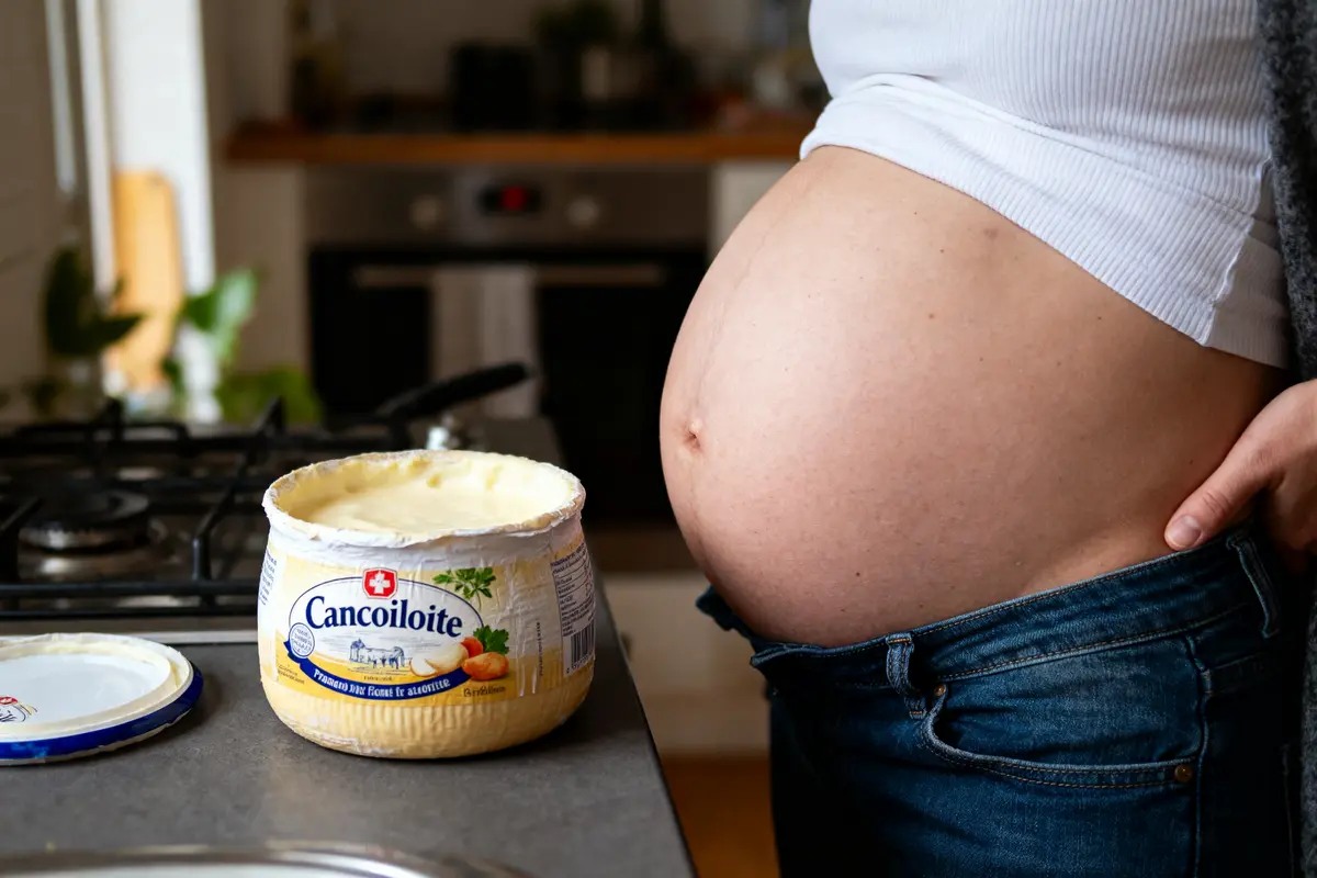 Ventre de femme enceinte près d'un pot de fromage Cancoillotte sur un plan de travail de cuisine.