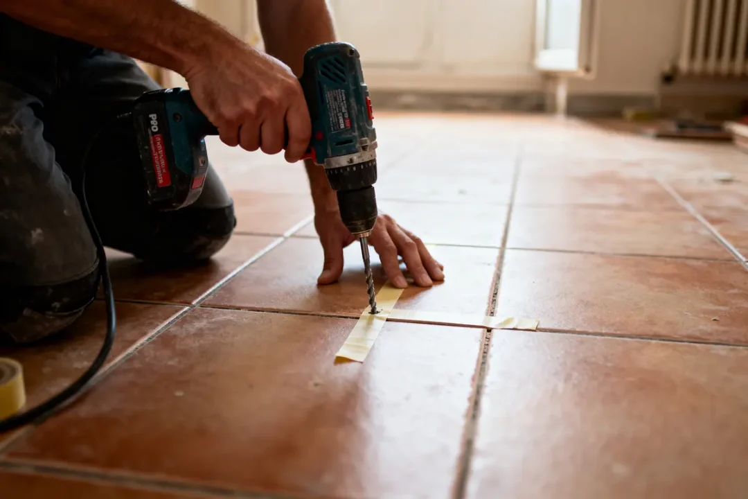 Personne perçant du carrelage brun au sol, perceuse électrique et ruban adhésif visibles.