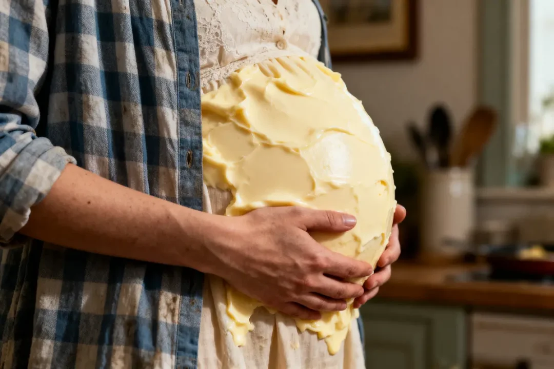 Une personne enceinte avec du beurre sur son ventre, portant une chemise à carreaux, en intérieur.