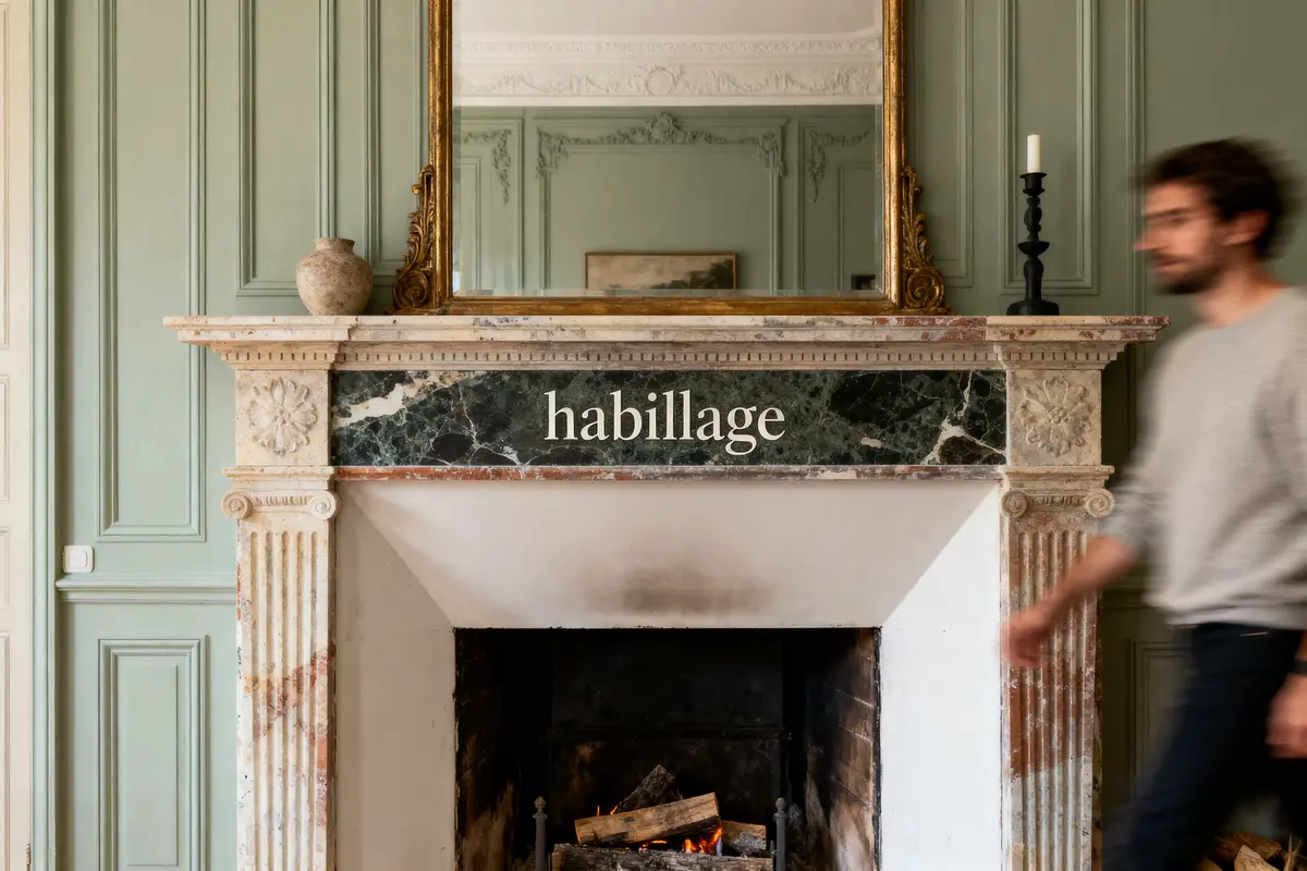 Cheminée élégante avec miroir, vase, chandelier. Homme flou passe devant. Mot "habillage" inscrit.