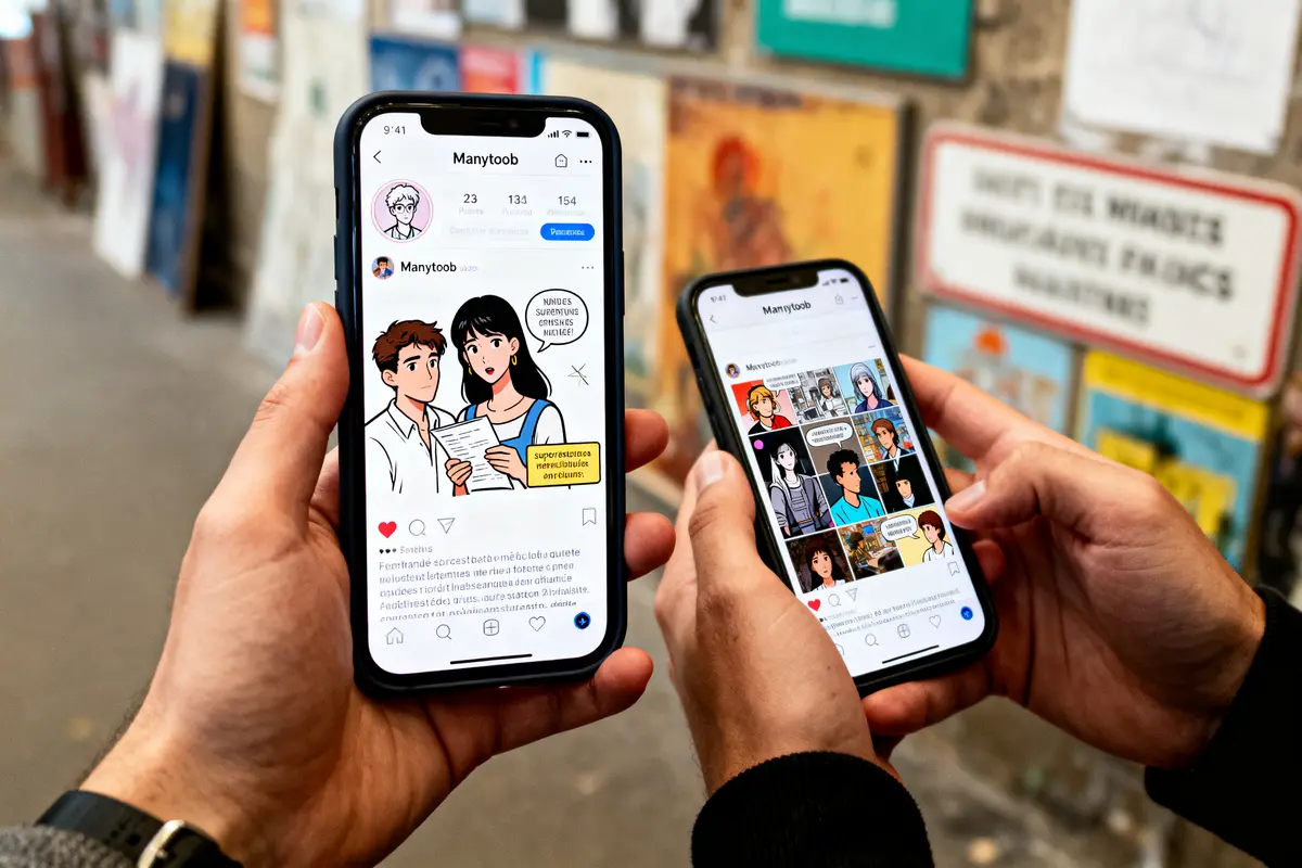 Deux personnes tenant des smartphones affichant des bandes dessinées sur Instagram, arrière-plan flou de rue urbaine.