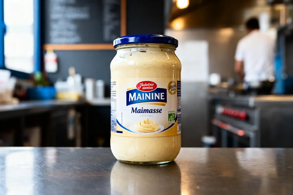 Pot de mainasse biologique sur un plan de travail en cuisine, arrière-plan flou avec cuisinier.