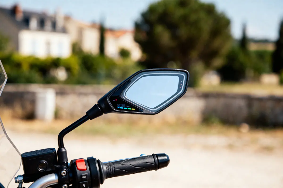 Rétroviseur de moto moderne avec écran numérique, arrière-plan flou de maison et arbres.