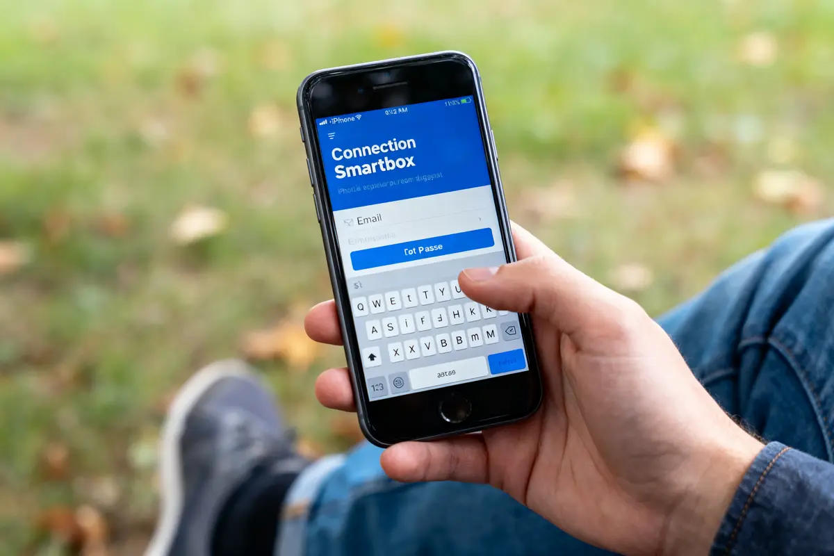 Personne tenant un smartphone affichant un écran de connexion d'application Smartbox, en extérieur, sur fond flou.
