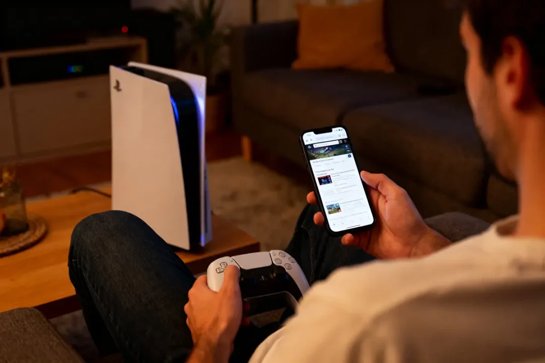 Homme tenant manette PlayStation 5 et smartphone dans salon avec console allumée à proximité.
