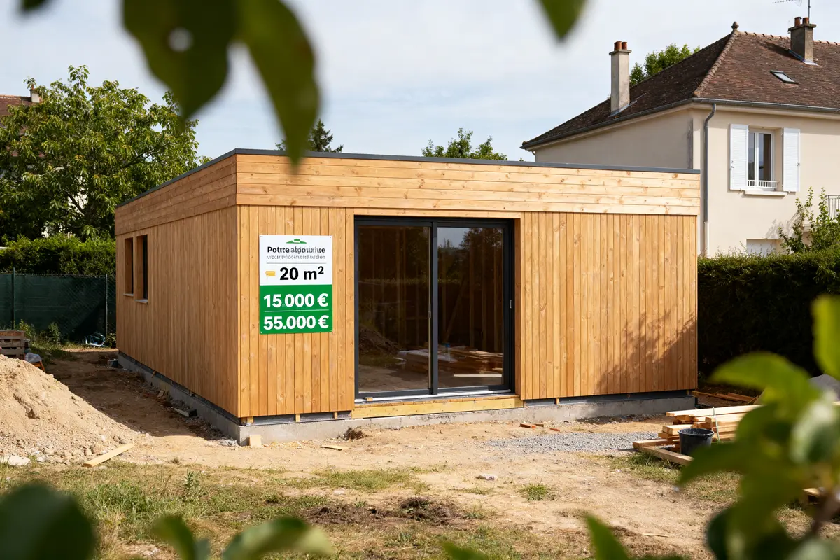 Petite maison en bois, panneau affiche 20 m², prix 15 000 € et 55 000 €, jardin autour.
