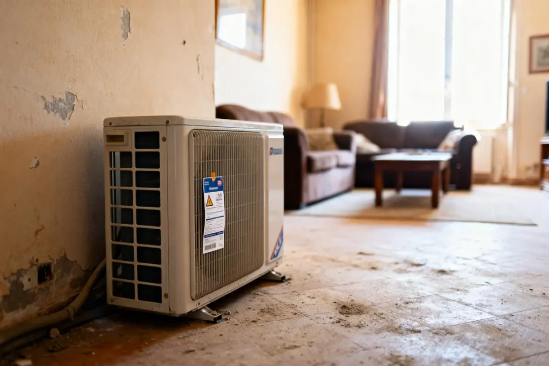 Unité de climatisation intérieure dans un salon délabré, murs usés, canapé, table basse et lumière naturelle.