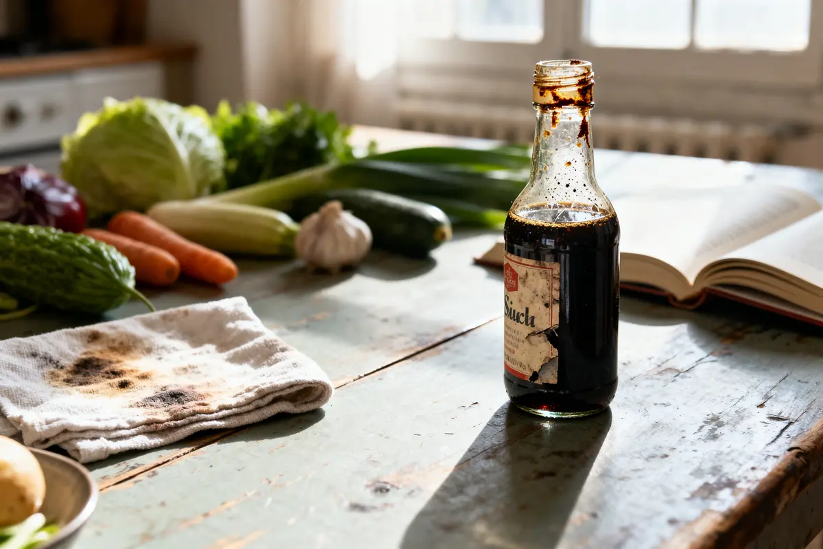 Bouteille de sauce sur table en bois avec légumes, torchon et livre ouvert en arrière-plan.