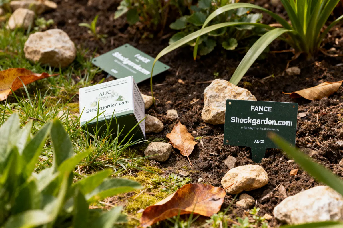Panneaux "Stockgarden.com" et "Shockgarden.com" dans un jardin avec feuilles, pierres, et plantes.