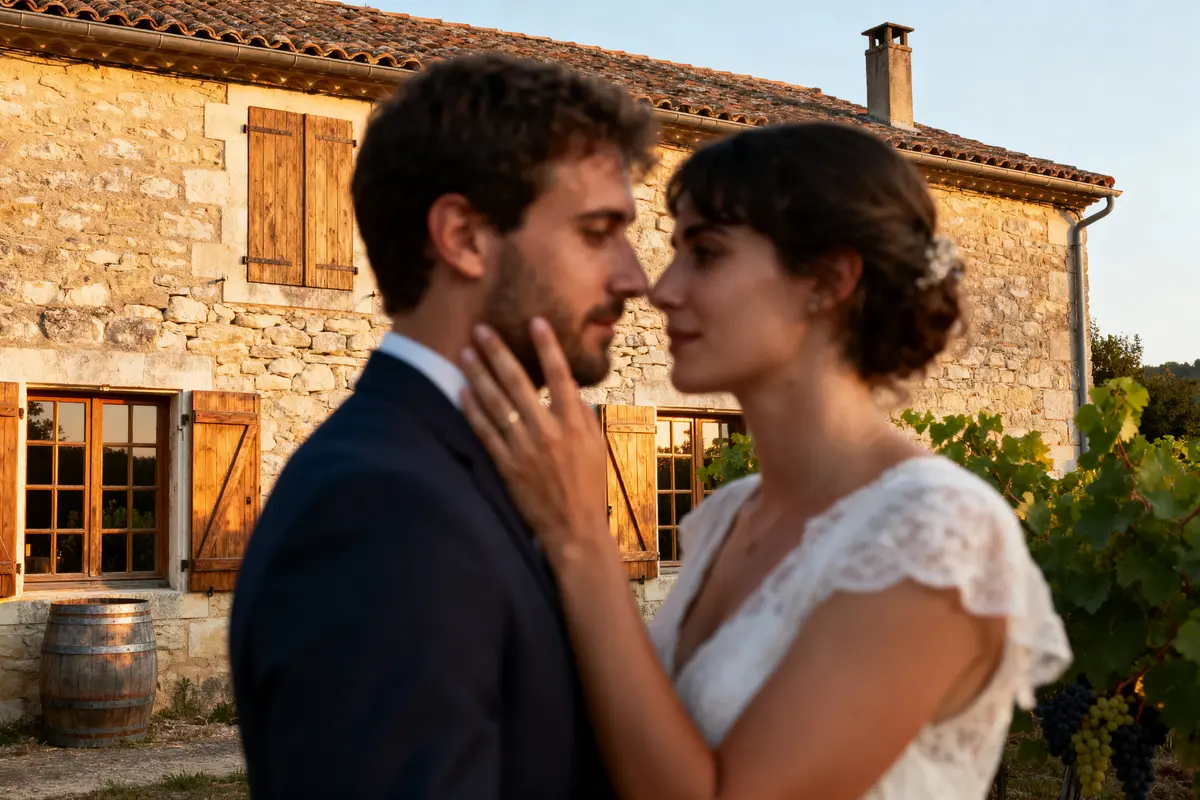 Un couple de mariés s'enlace devant une maison en pierre avec des volets en bois.