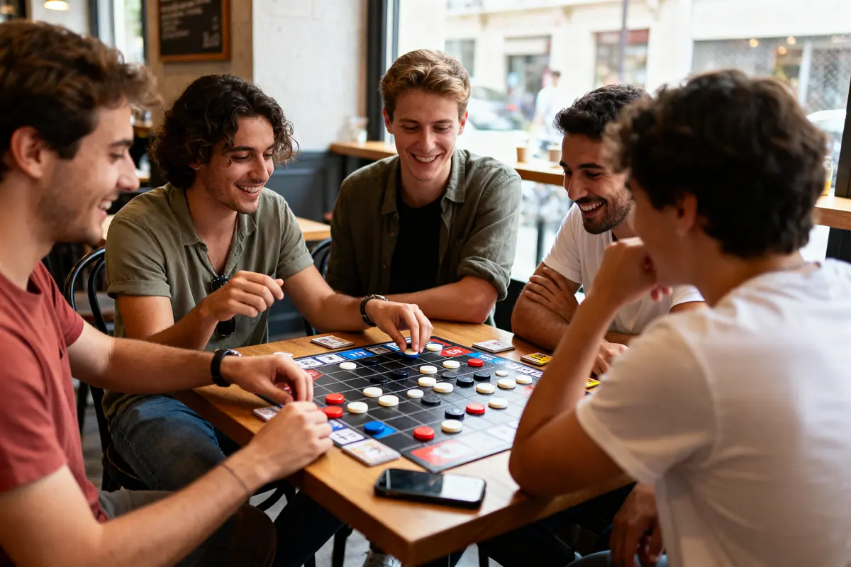 Cinq amis souriants jouent à un jeu de société autour d'une table dans un café lumineux.