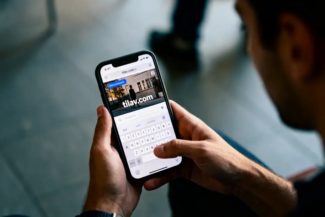 Personne utilisant un smartphone pour naviguer sur le site web tilav.com, écran affichant un clavier virtuel.