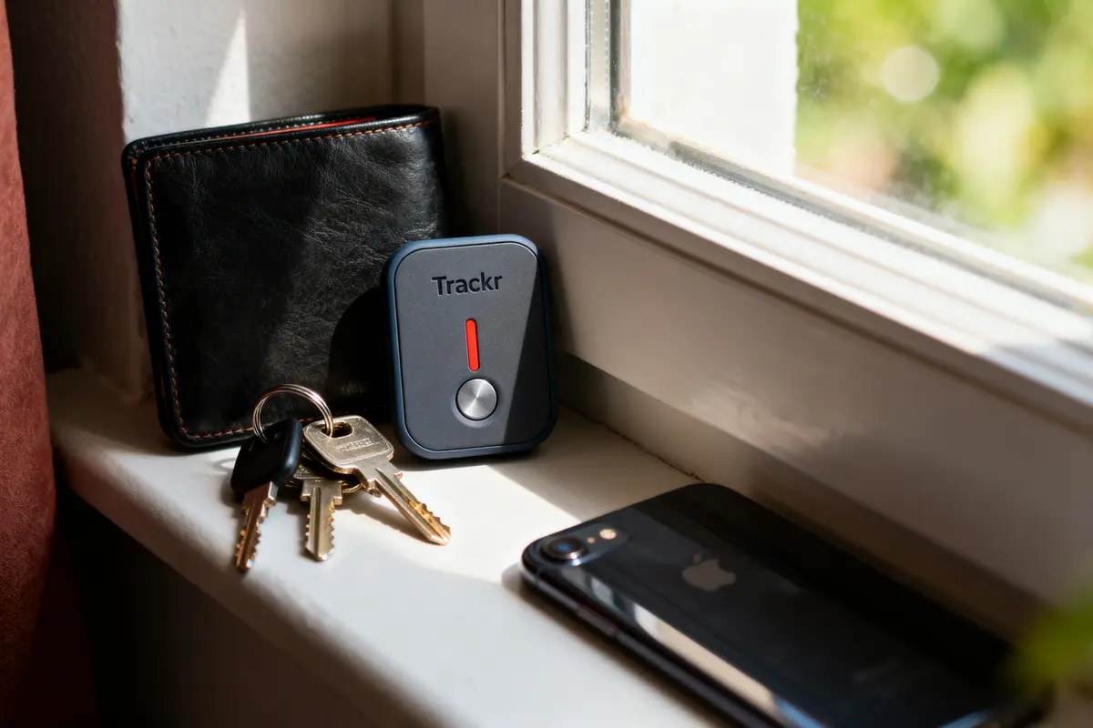 Porte-monnaie, clés, appareil Trackr et smartphone posés sur un rebord de fenêtre ensoleillé.