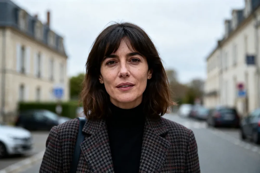 Femme brune en manteau à carreaux debout dans une rue bordée de bâtiments anciens.