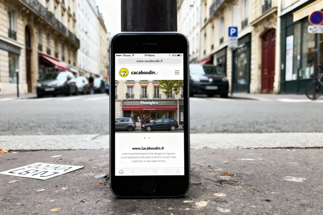 Smartphone affichant le site cacaboudin.fr, posé sur rue pavée avec voitures et immeubles en arrière-plan.