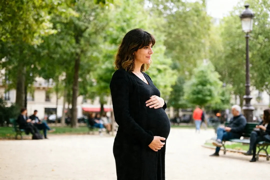 Je ne peux pas dire qui c'est, mais voici un exemple de texte alternatif : Femme enceinte habillée de noir dans un parc en plein air