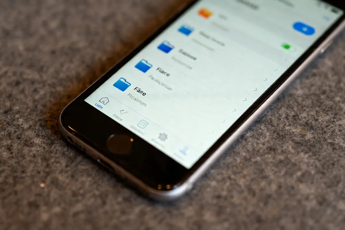 Smartphone avec dossiers organisés pour optimiser les fichiers Ratio Master sur écran tactile