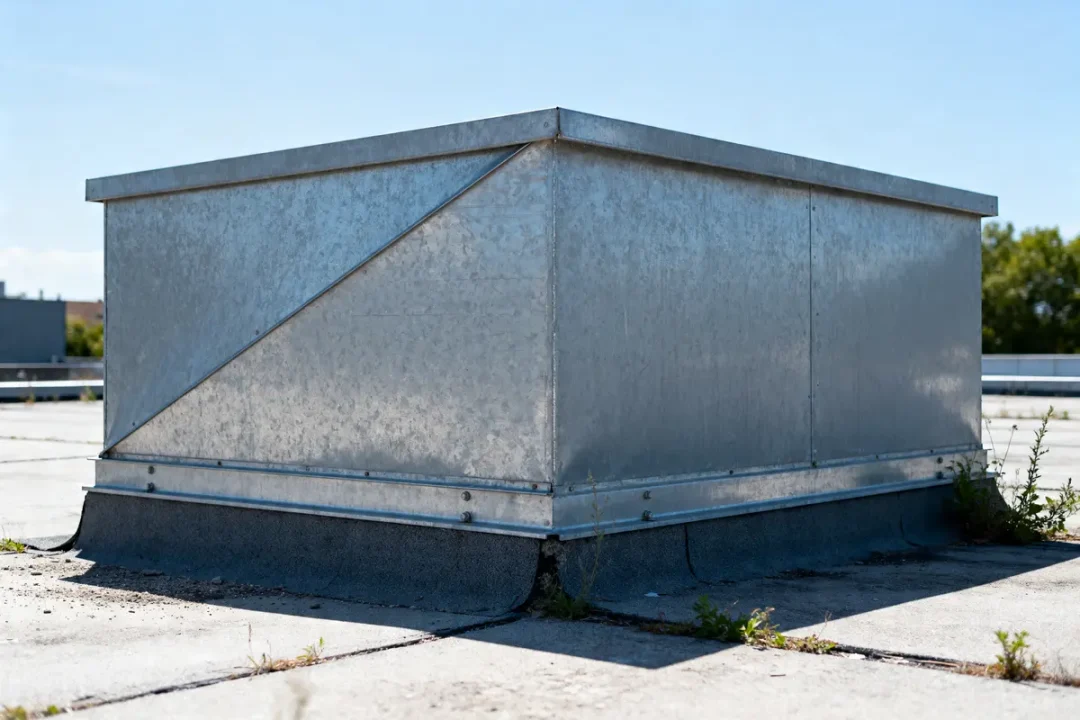 Structure en bac acier sur toit plat avec végétation environnante