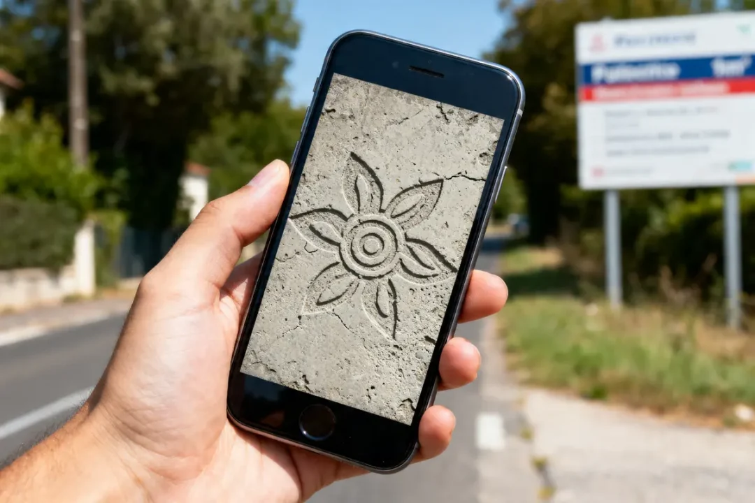 Main tenant un smartphone montrant motif sur béton imprimé prix au m2 détaillé.