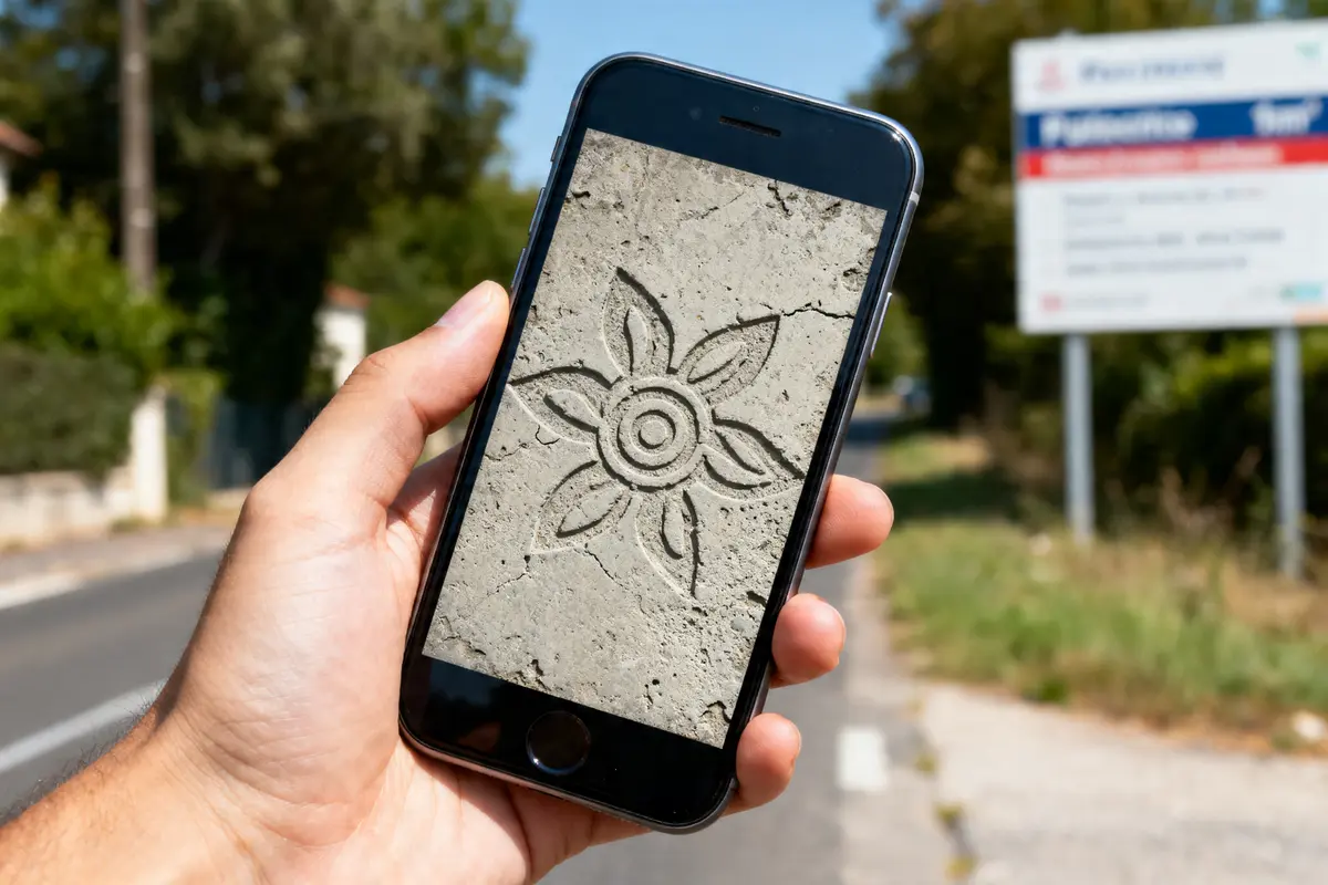 Main tenant un smartphone montrant motif sur béton imprimé prix au m2 détaillé.