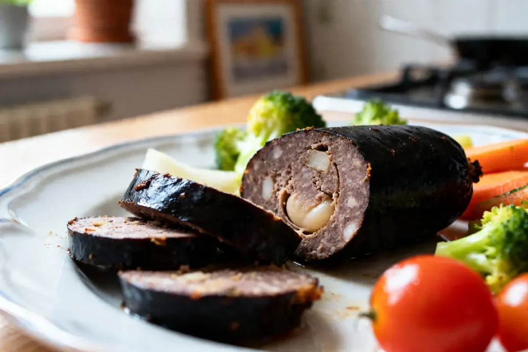 Assiette de boudin noir enceinte tranché avec légumes colorés en accompagnement