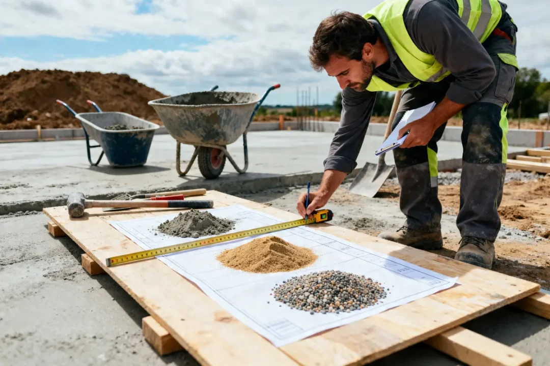 Ouvrier mesurant matériaux pour calcul m3 beton sur chantier de construction avec brouettes