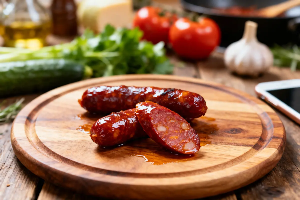Chorizo cuit enceinte sur planche en bois avec tomates et ail en arrière-plan
