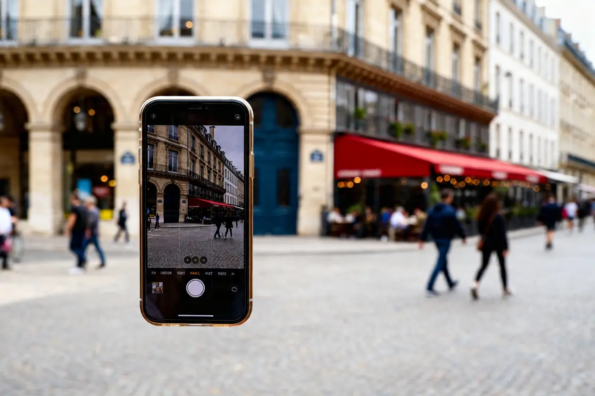Scène urbaine avec smartphone capturant rue animée et terrasse cpasmieux