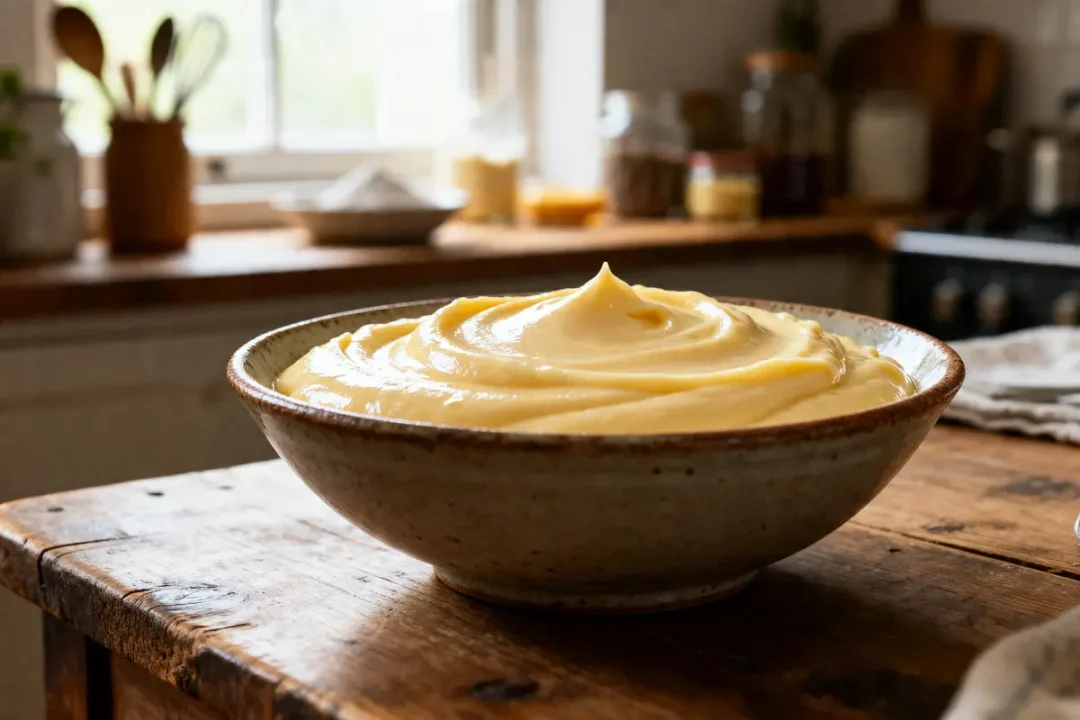 Bol de crème pâtissière enceinte sur table en bois dans une cuisine lumineuse
