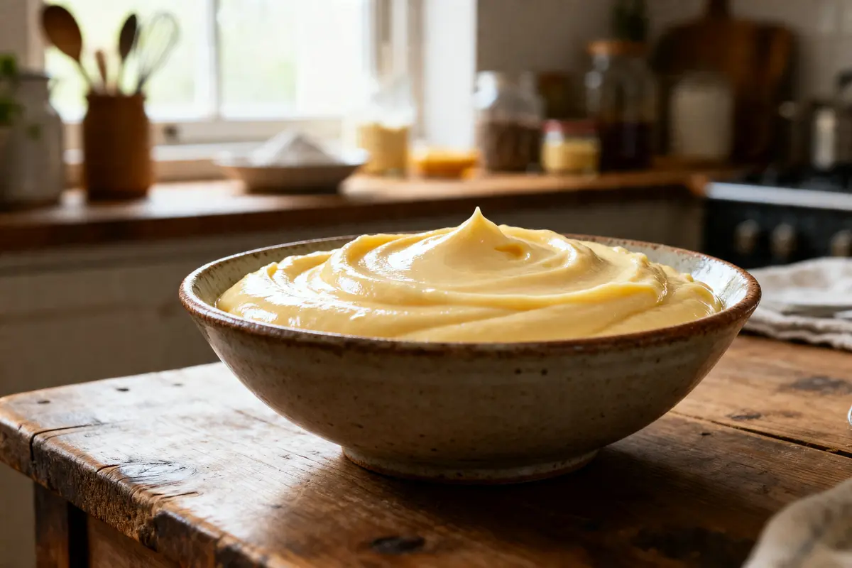 Bol de crème pâtissière enceinte sur table en bois dans une cuisine lumineuse