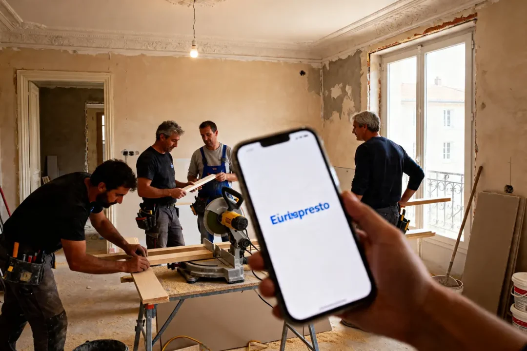 Travailleurs rénovant une pièce avec l'application devis travaux habitatpresto en premier plan