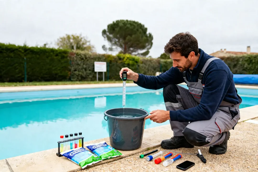 Homme mesurant l'eau pour dosage chlore choc piscine par m3 avec testeurs et accessoires.